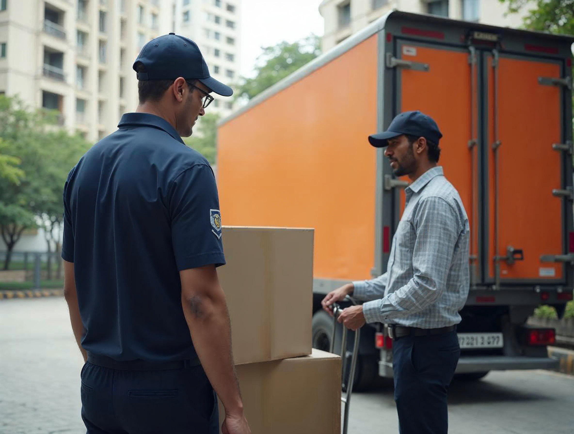 Marshal crew checking apartment access and loading packed cartons into a truck