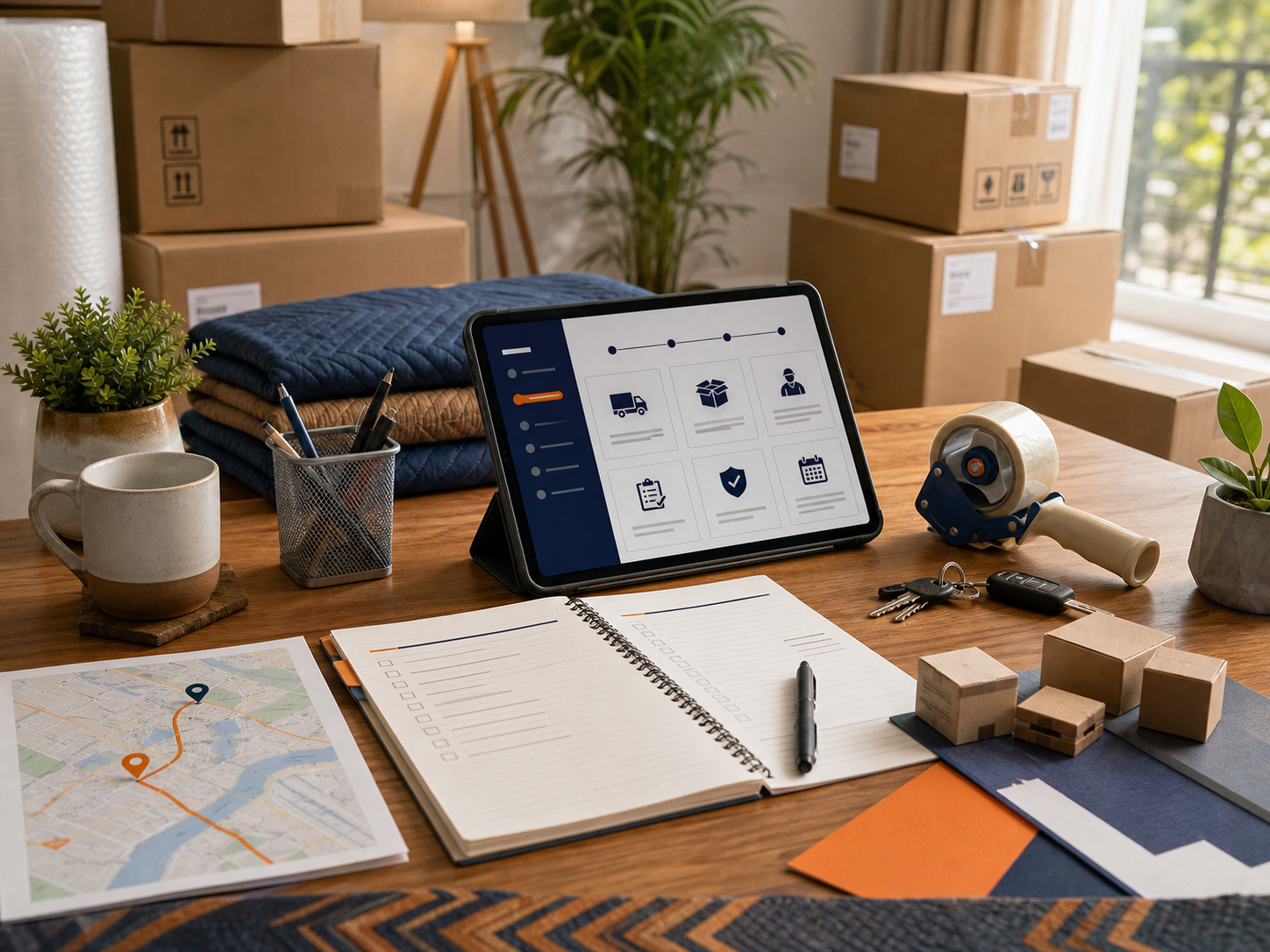 Moving planning desk with route notes, packing checklist, and supplies
