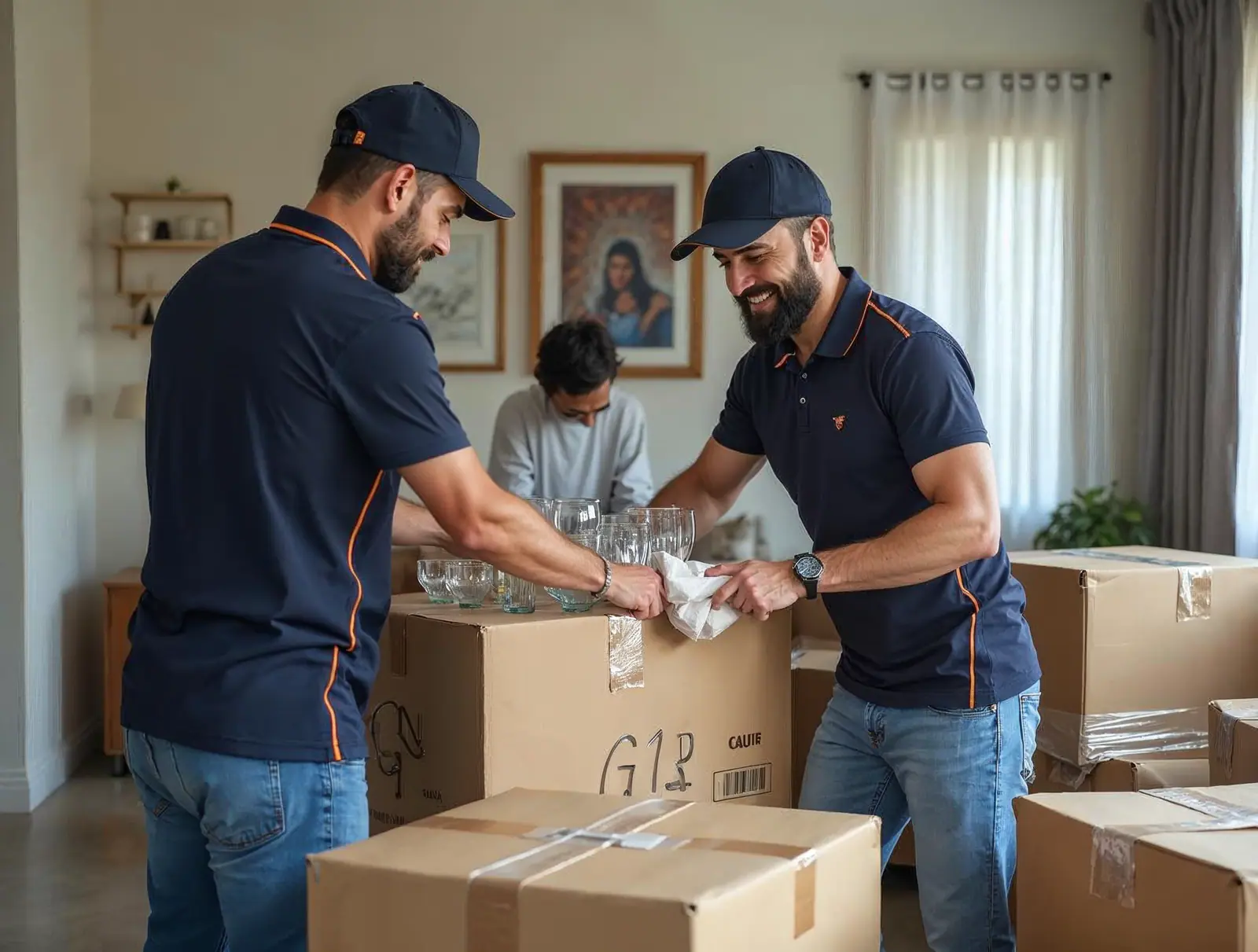 Marshal crew packing fragile household items with supervised care